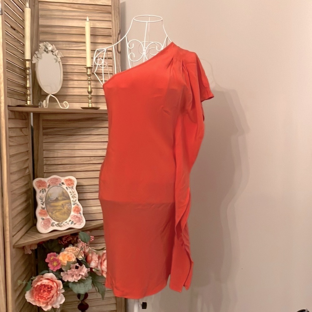 Madison Marcus One-Shoulder 100% Silk Coral Dress Sz Small Ruffle Trim